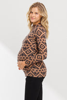 Brown Mock Neck Print Long Sleeve Maternity Top