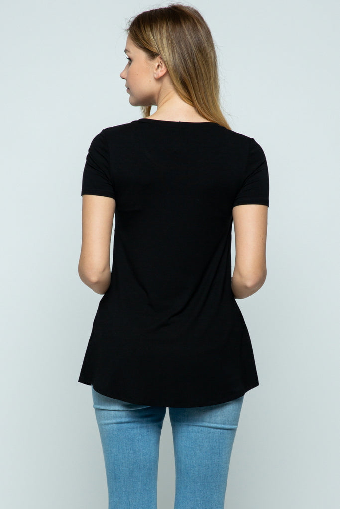 Black Short Sleeve Asymmetrical Wrap Nursing Top