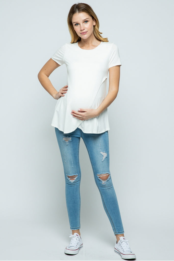 Ivory Short Sleeve Asymmetrical Wrap Nursing Top