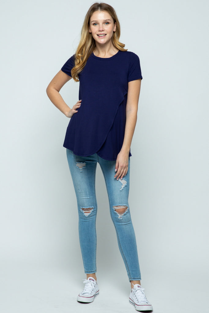 Navy Short Sleeve Asymmetrical Wrap Nursing Top