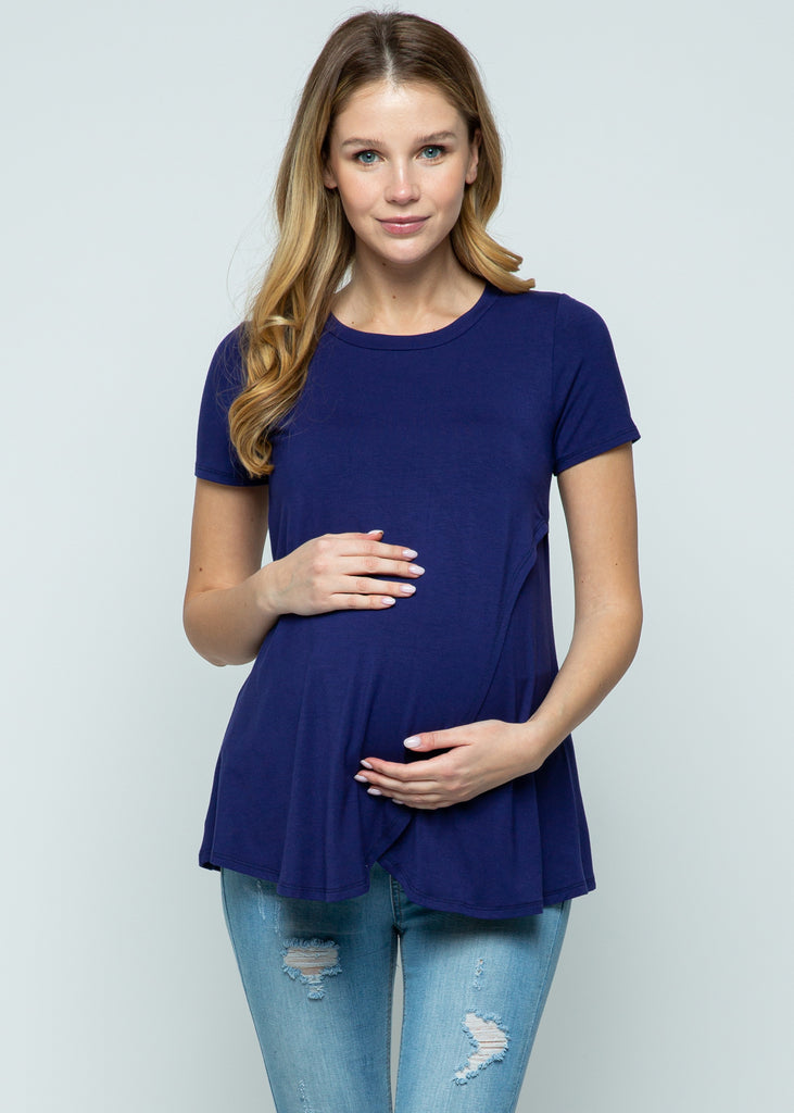 Light Navy Short Sleeve Asymmetrical Wrap Nursing Top