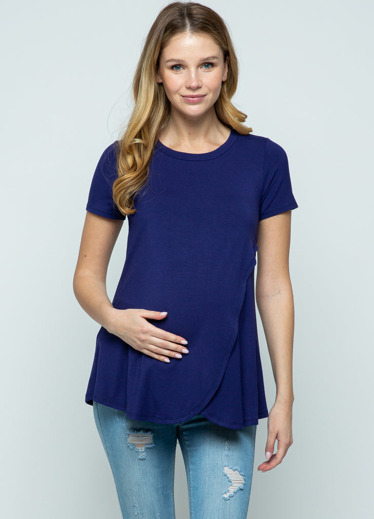 Light Navy Short Sleeve Asymmetrical Wrap Nursing Top