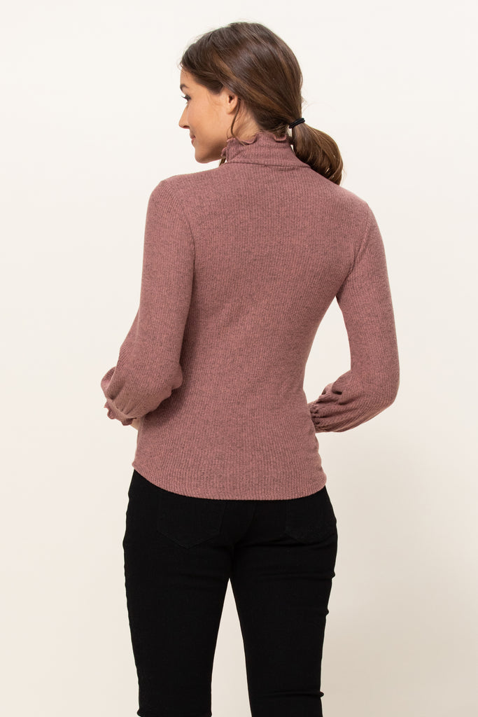 Mauve Curly Hem Mock Neck Ribbed Sweater Knit Maternity Top