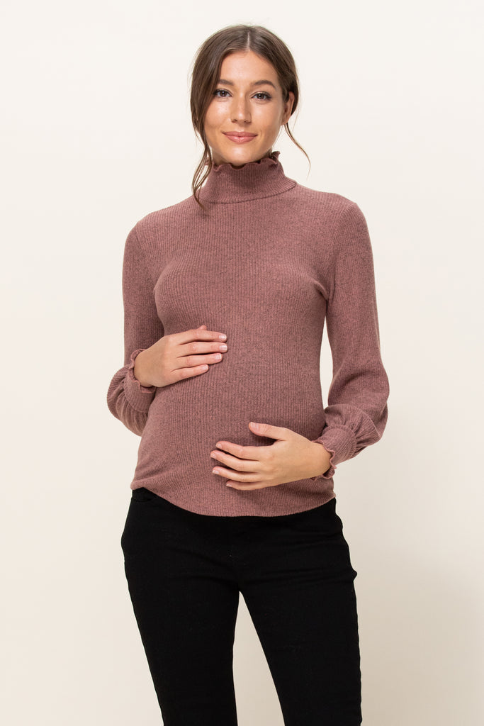 Mauve Curly Hem Mock Neck Ribbed Sweater Knit Maternity Top