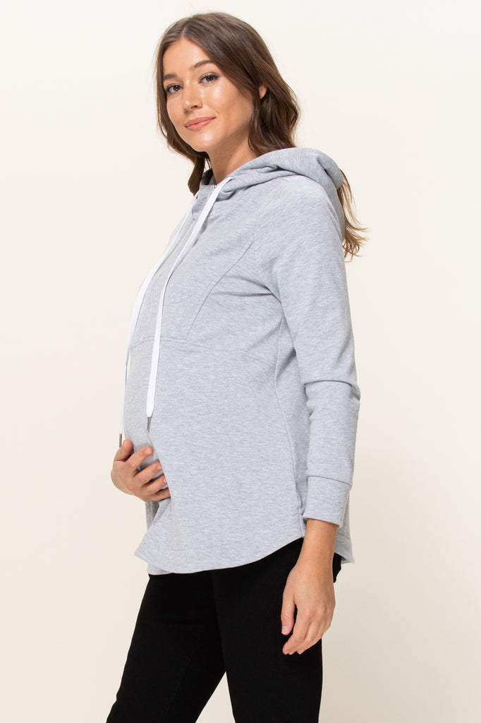 Heather Grey Heavy Terry(Inside Brushed) Half Zip Maternity Hoodie