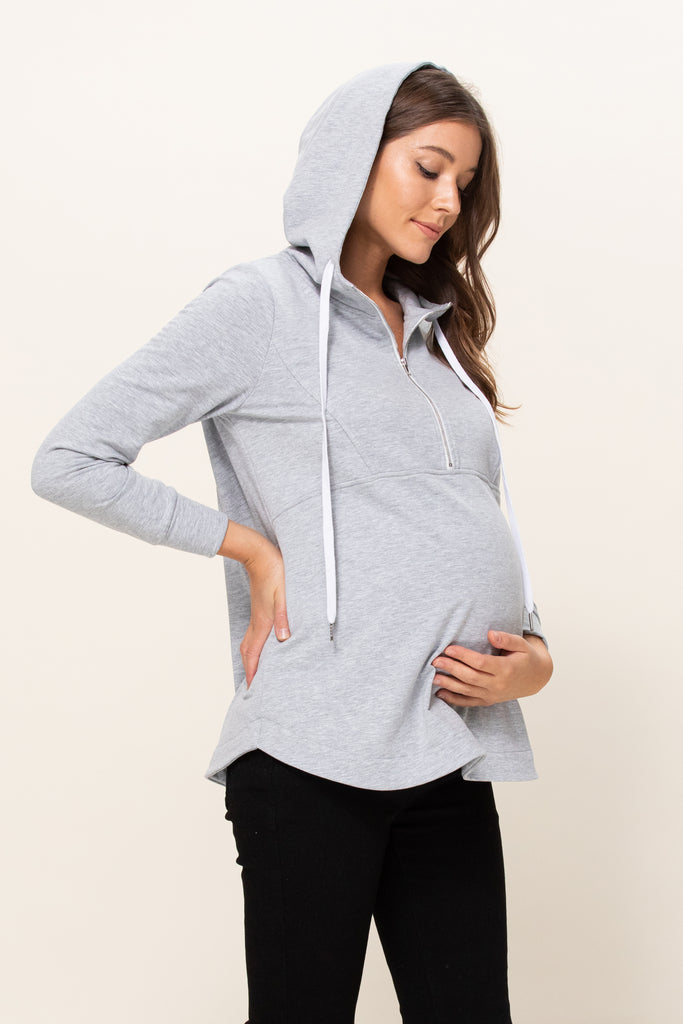 Heather Grey Heavy Terry(Inside Brushed) Half Zip Maternity Hoodie