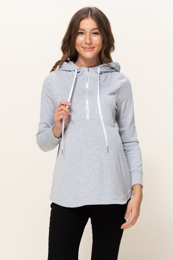 Heather Grey Heavy Terry(Inside Brushed) Half Zip Maternity Hoodie