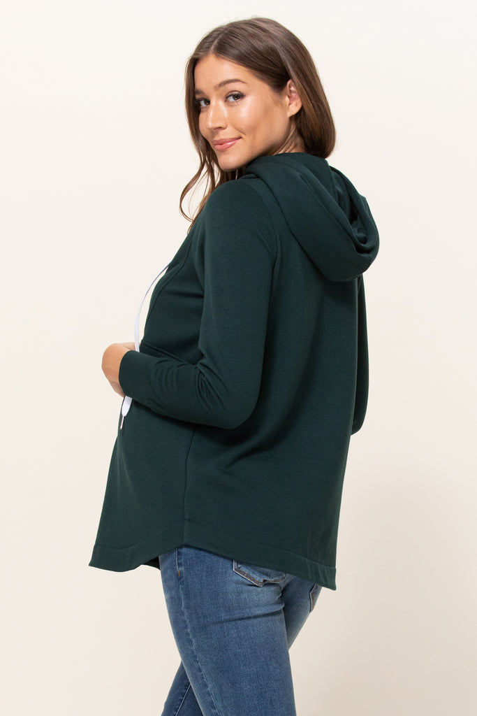 Green Heavy Terry(Inside Brushed) Half Zip Maternity Hoodie