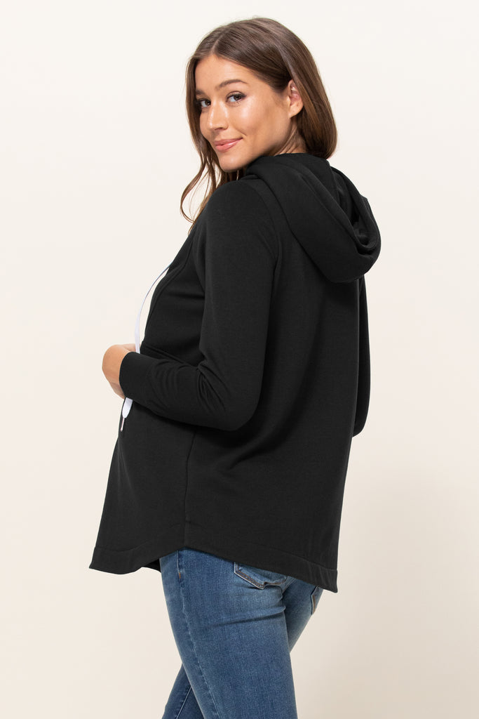 Black Heavy Terry(Inside Brushed) Half Zip Maternity Hoodie