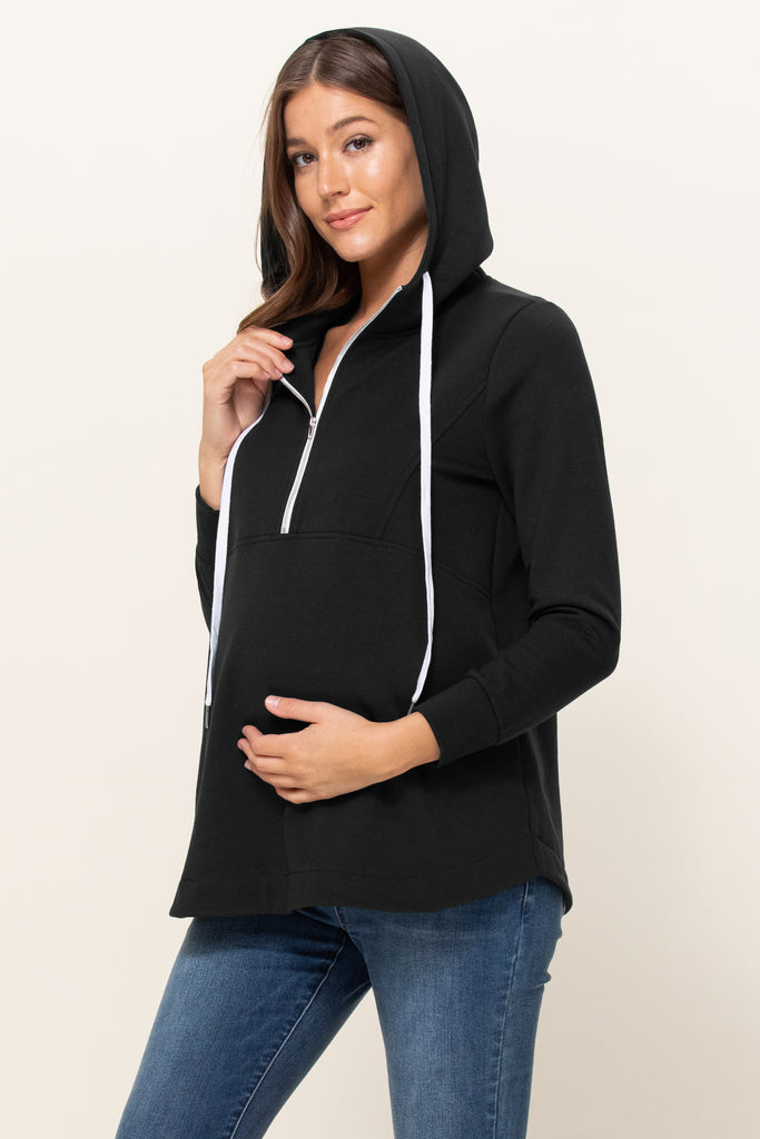 Black Heavy Terry(Inside Brushed) Half Zip Maternity Hoodie