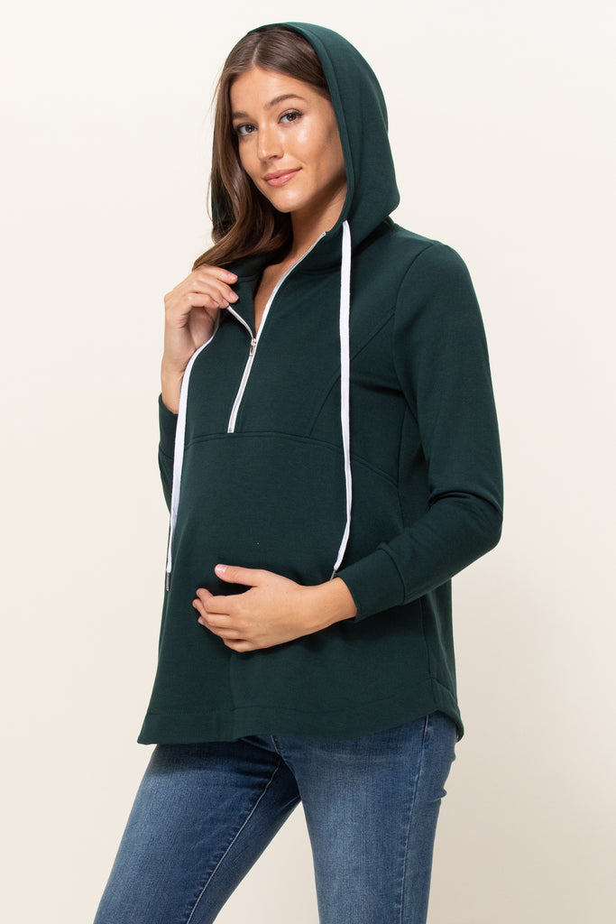 Green Heavy Terry(Inside Brushed) Half Zip Maternity Hoodie