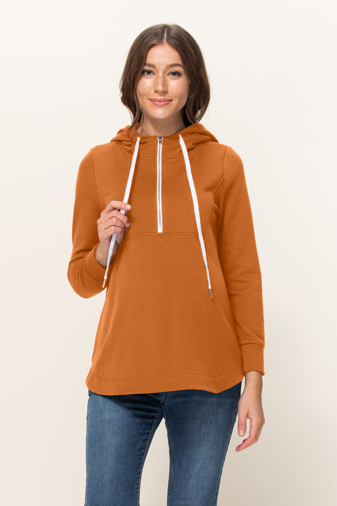 Rust Heavy Terry(Inside Brushed) Half Zip Maternity Hoodie