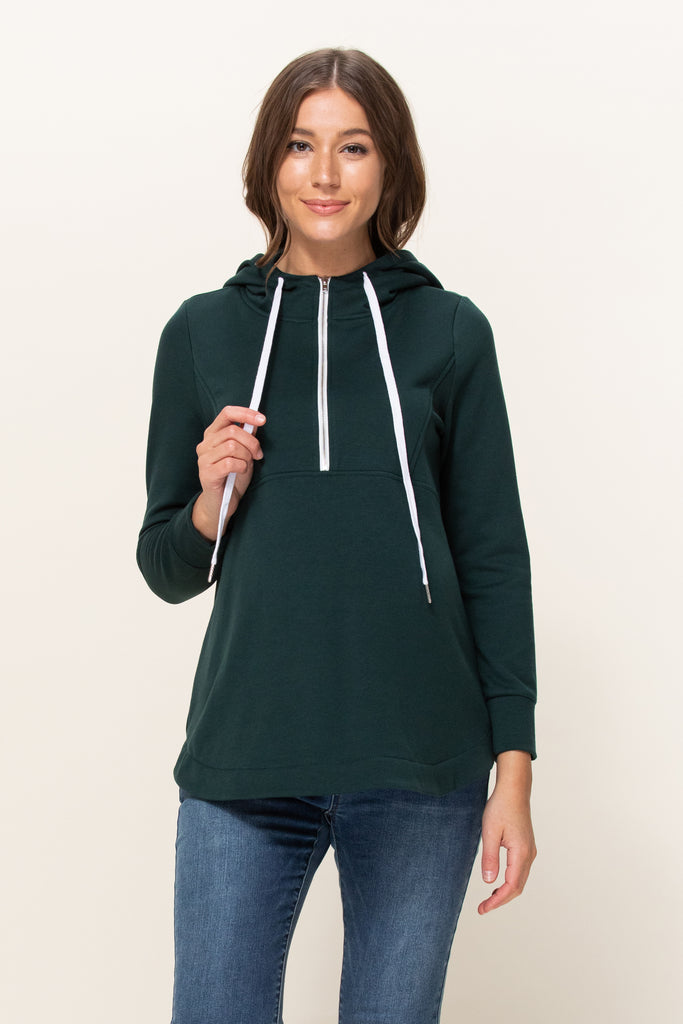 Green Heavy Terry(Inside Brushed) Half Zip Maternity Hoodie