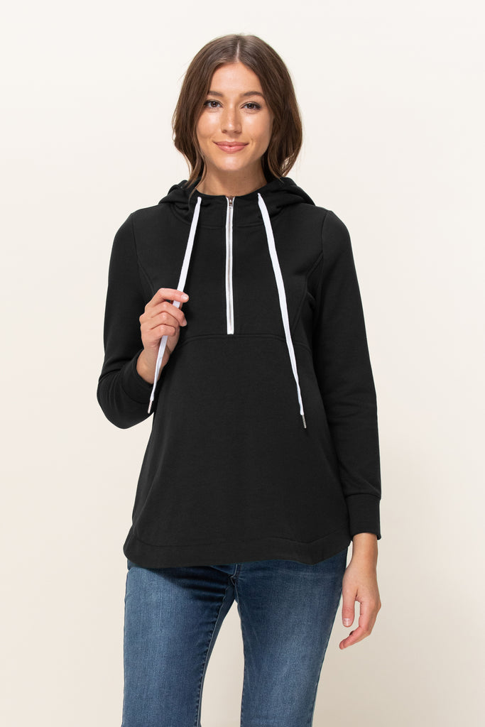 Black Heavy Terry(Inside Brushed) Half Zip Maternity Hoodie