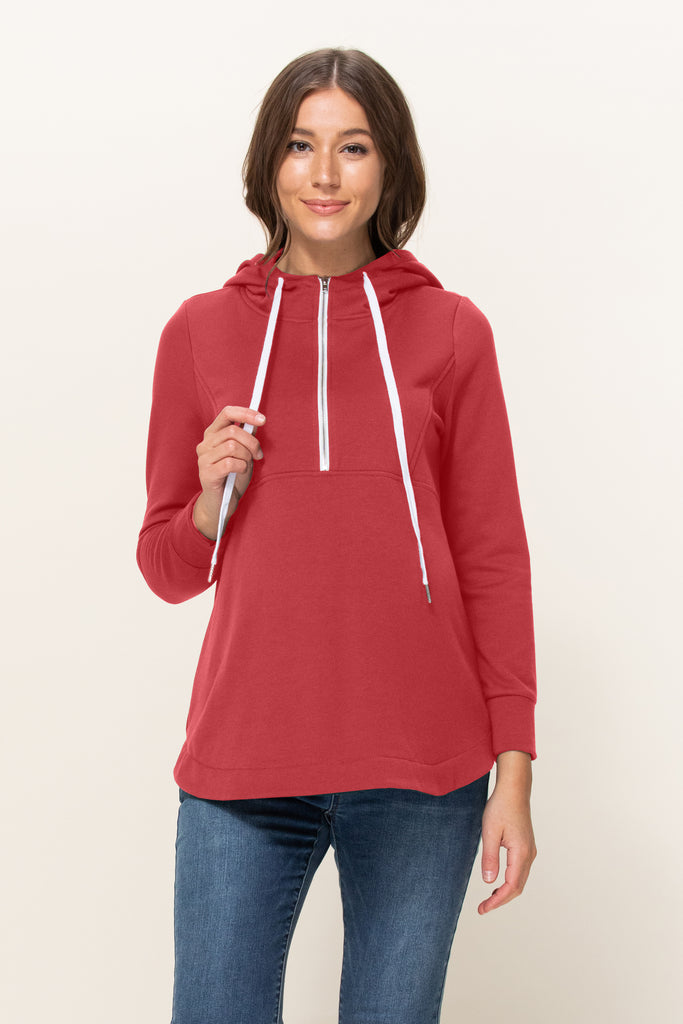 Red Heavy Terry(Inside Brushed) Half Zip Maternity Hoodie