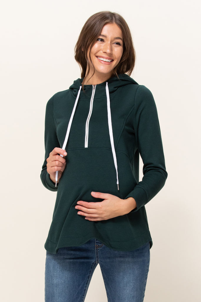 Green Heavy Terry(Inside Brushed) Half Zip Maternity Hoodie