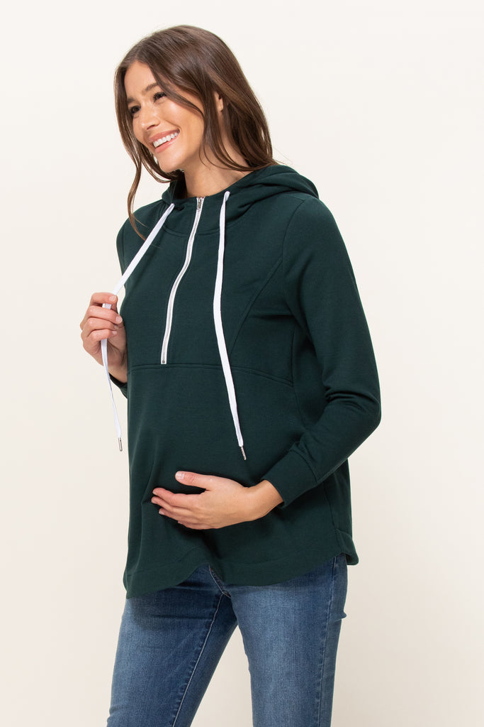 Green Heavy Terry(Inside Brushed) Half Zip Maternity Hoodie