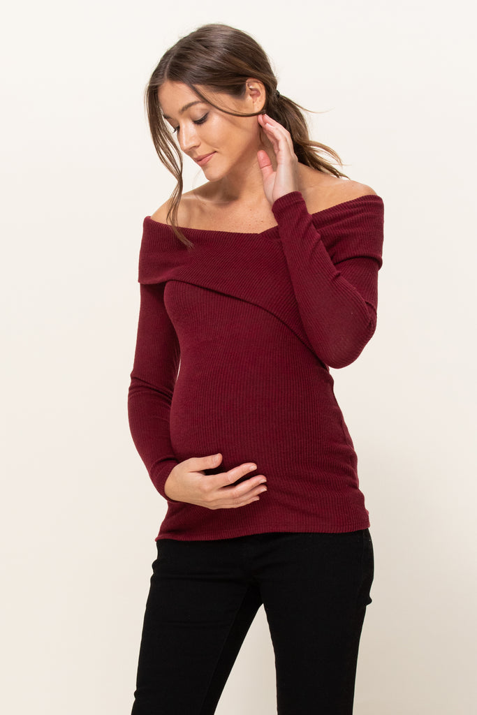 Burgundy Two-Tone Sweater Knit Off-Shoulder Maternity Top
