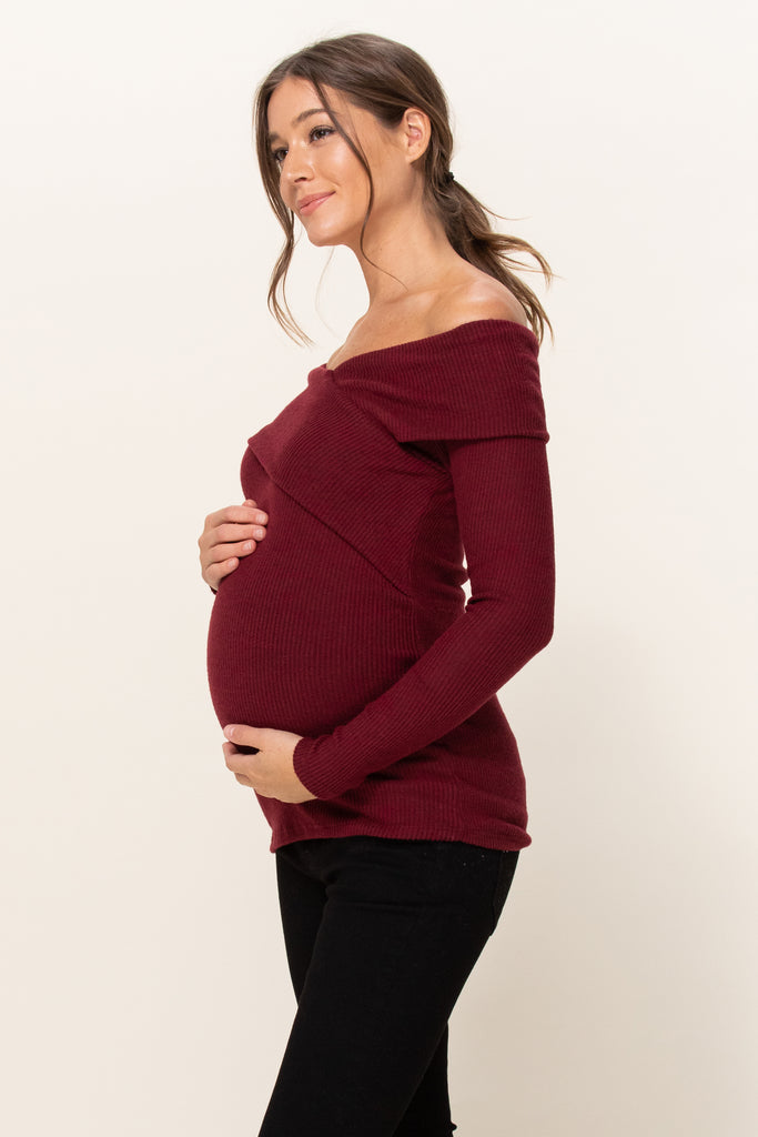 Burgundy Two-Tone Sweater Knit Off-Shoulder Maternity Top