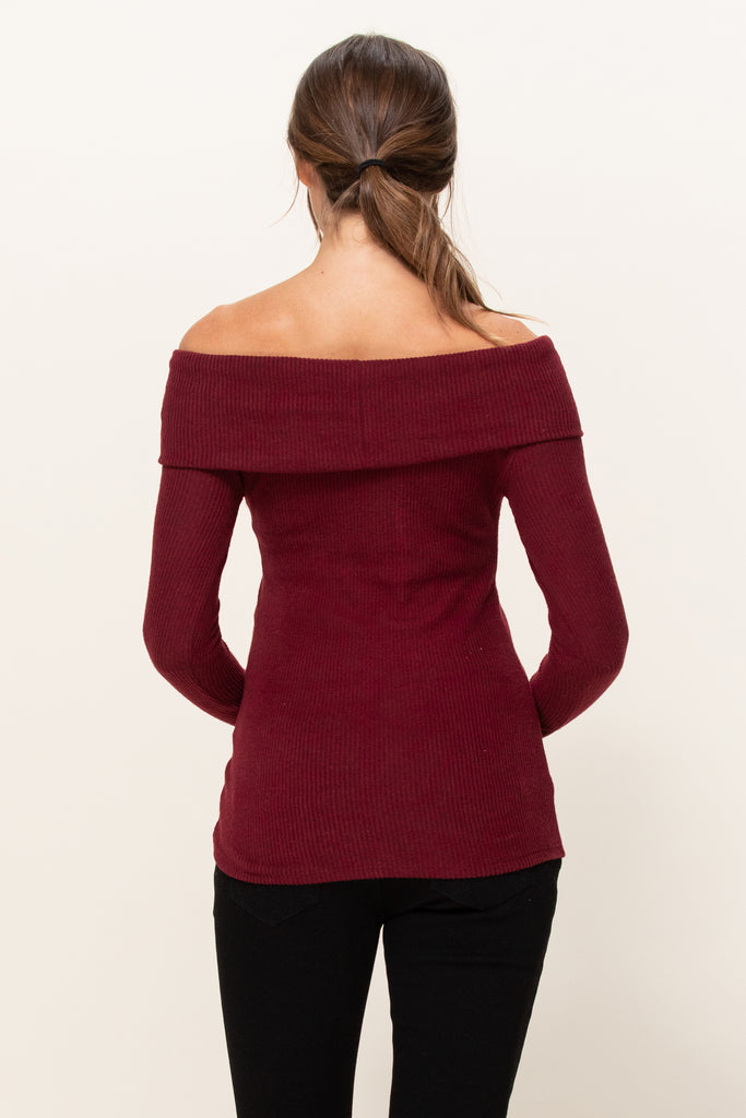 Burgundy Two-Tone Sweater Knit Off-Shoulder Maternity Top