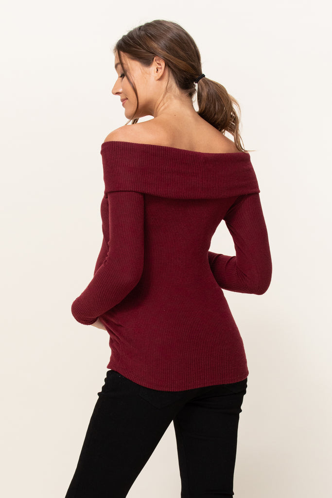 Burgundy Two-Tone Sweater Knit Off-Shoulder Maternity Top