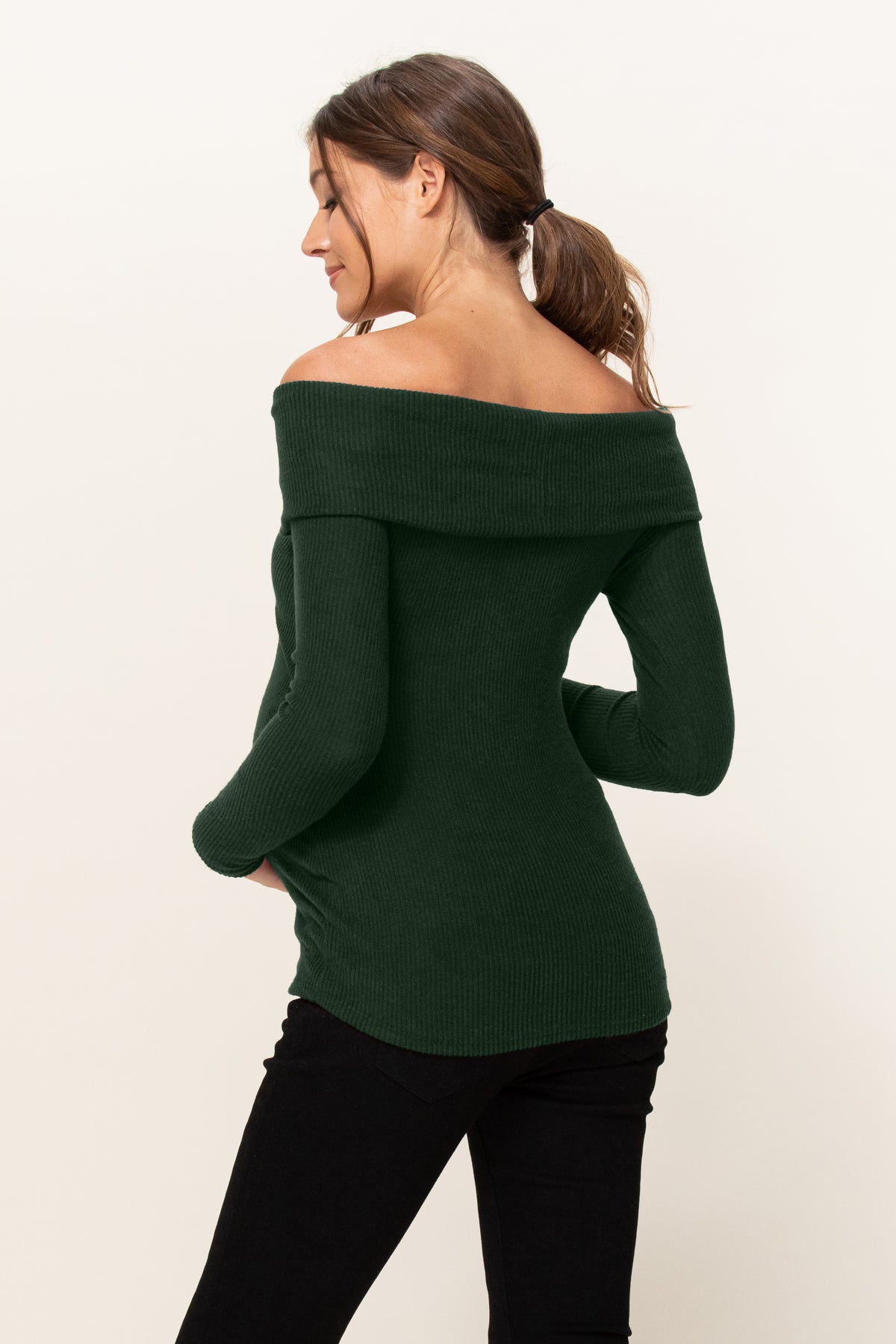 Dark Green Two-Tone Sweater Knit Off-Shoulder Maternity Top