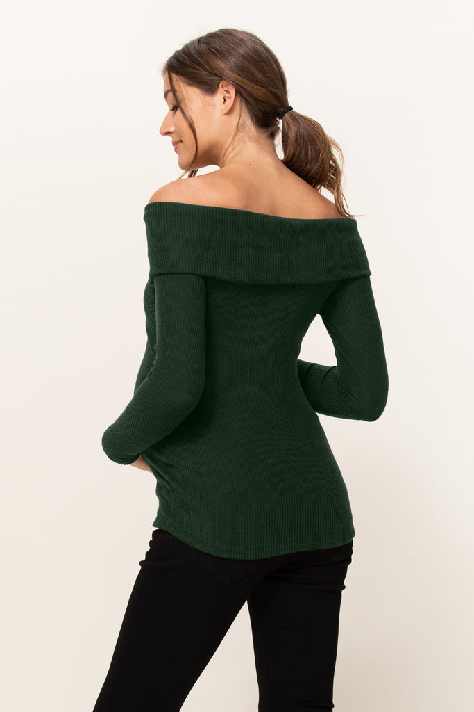 Dark Green Two-Tone Sweater Knit Off-Shoulder Maternity Top