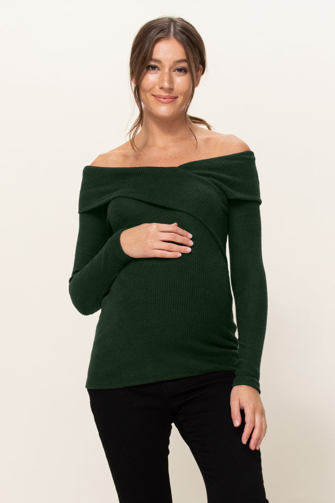 Dark Green Two-Tone Sweater Knit Off-Shoulder Maternity Top