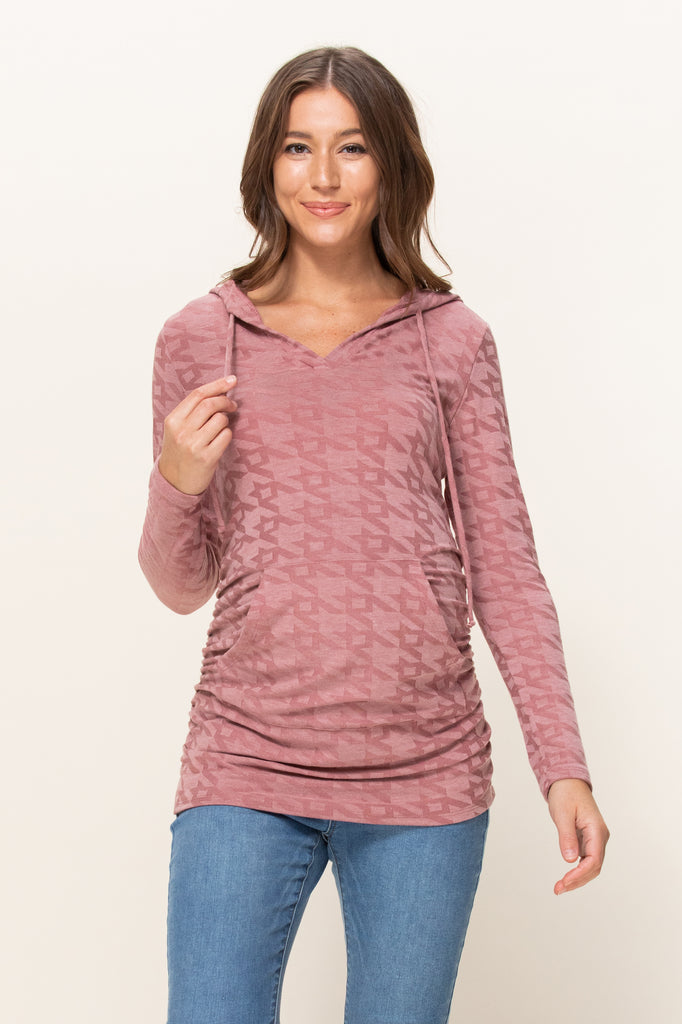 Mauve V-Neck Maternity Pullover Hoodie