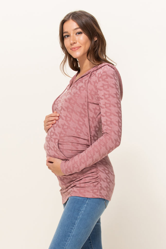 Mauve V-Neck Maternity Pullover Hoodie