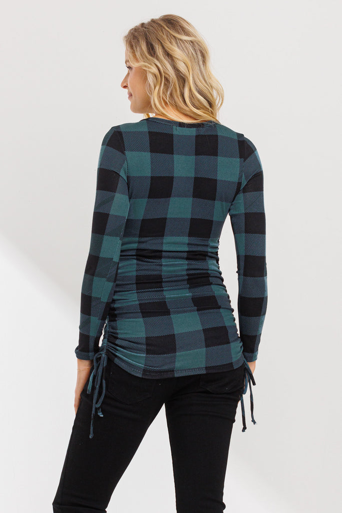 Teal Plaid Long Sleeve Adjustable Ruching Maternity Top