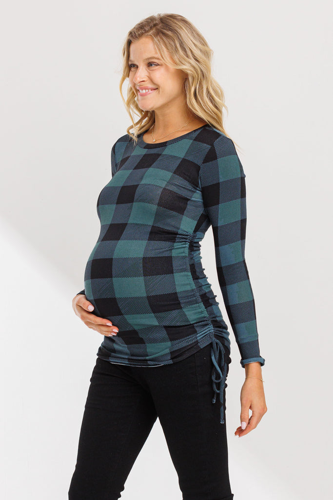Teal Plaid Long Sleeve Adjustable Ruching Maternity Top