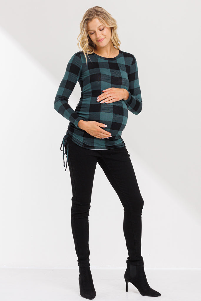 Teal Plaid Long Sleeve Adjustable Ruching Maternity Top