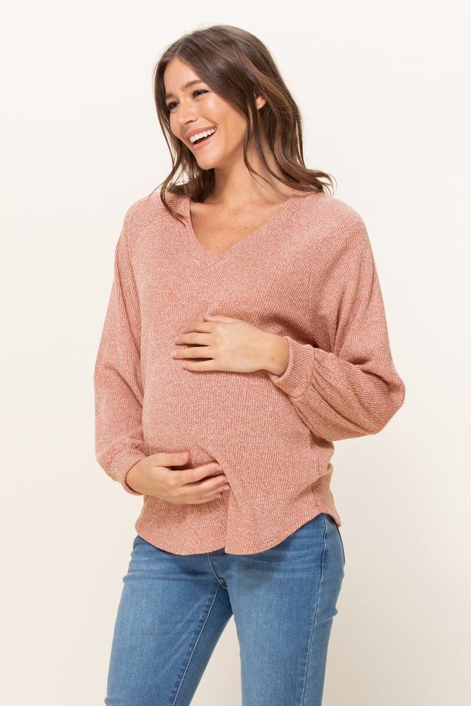 Dusty Pink Mir Rib V-Neck Boyfriend Maternity Shirts