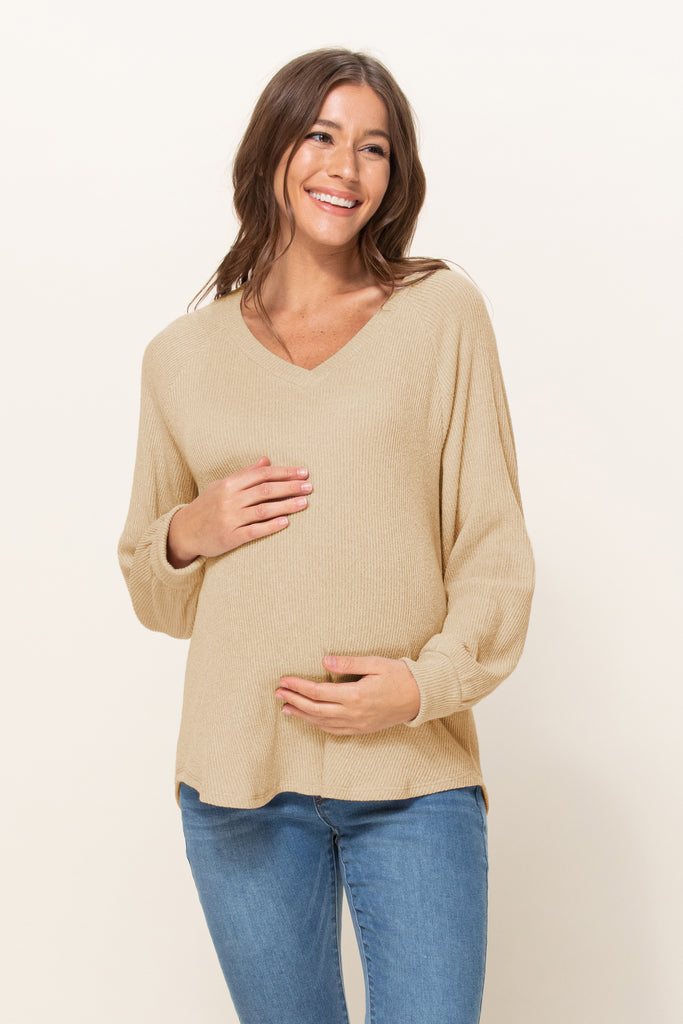 Beige Mir Rib V-Neck Boyfriend Maternity Shirts