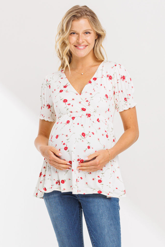 Ivory Floral V-Neck Wrap Maternity/Nursing Top