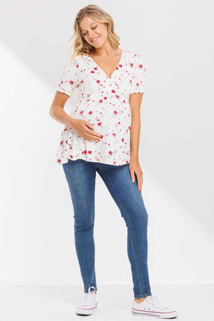 Ivory Floral V-Neck Wrap Maternity/Nursing Top