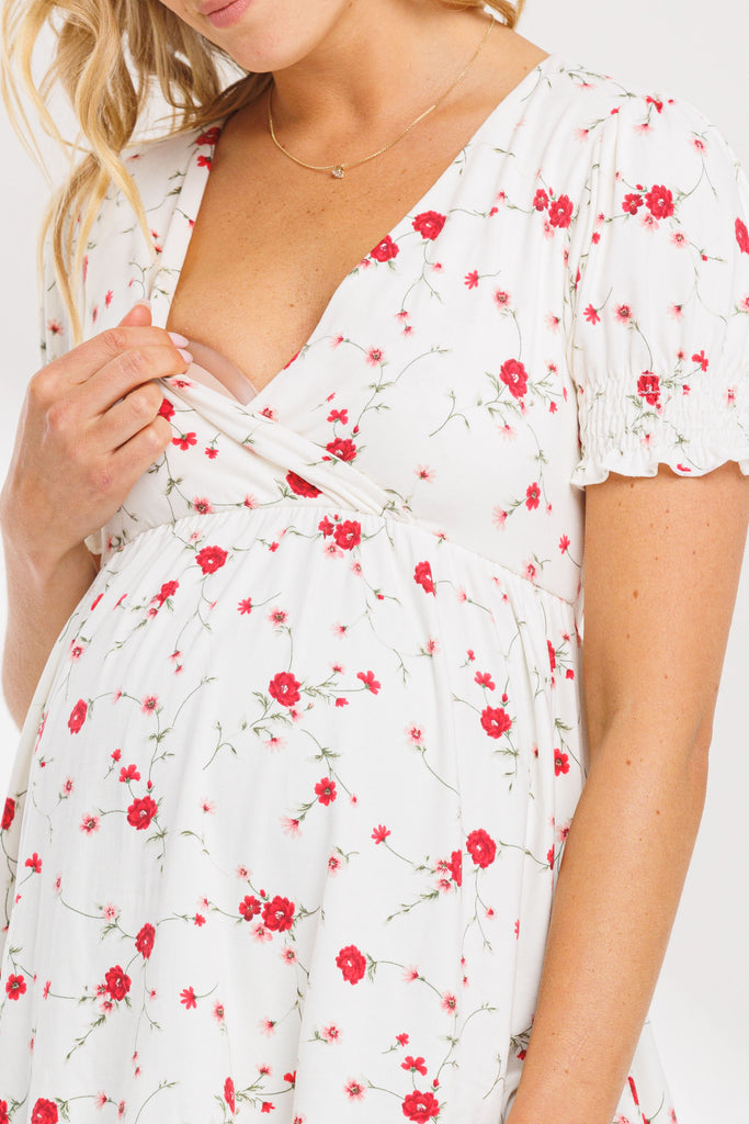 Ivory Floral V-Neck Wrap Maternity/Nursing Top