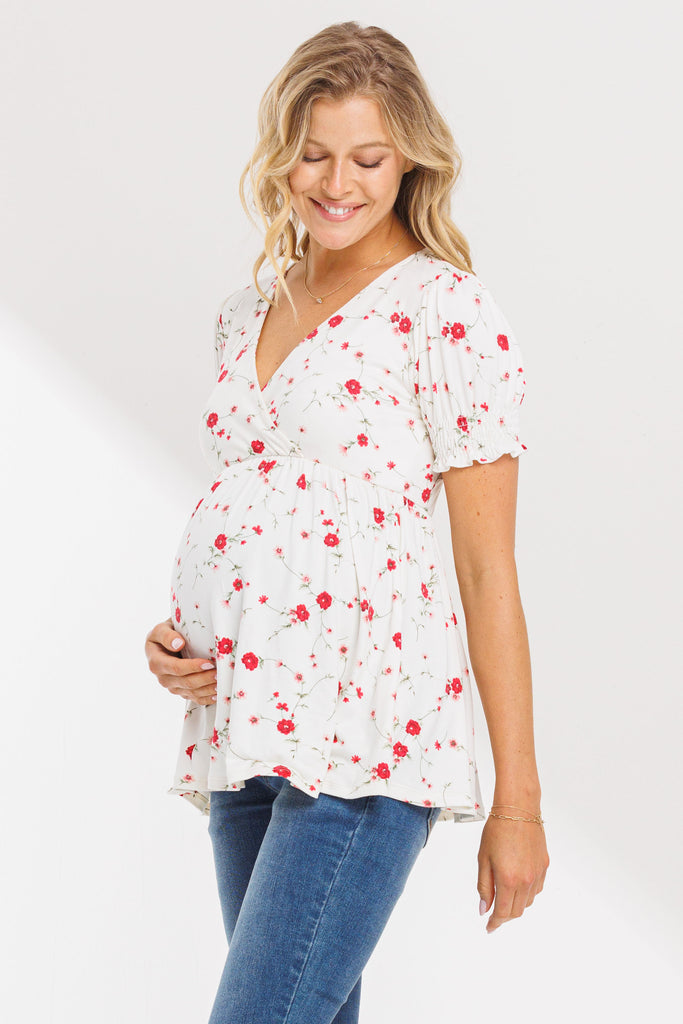 Ivory Floral V-Neck Wrap Maternity/Nursing Top