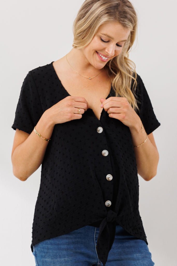 Black Swiss Dot Button Down Maternity & Nursing Shirt