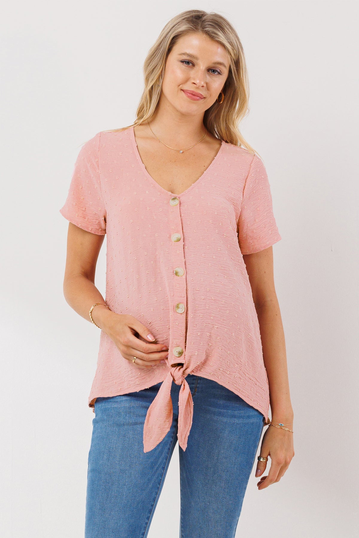 Pink Swiss Dot Button Down Maternity & Nursing Shirt