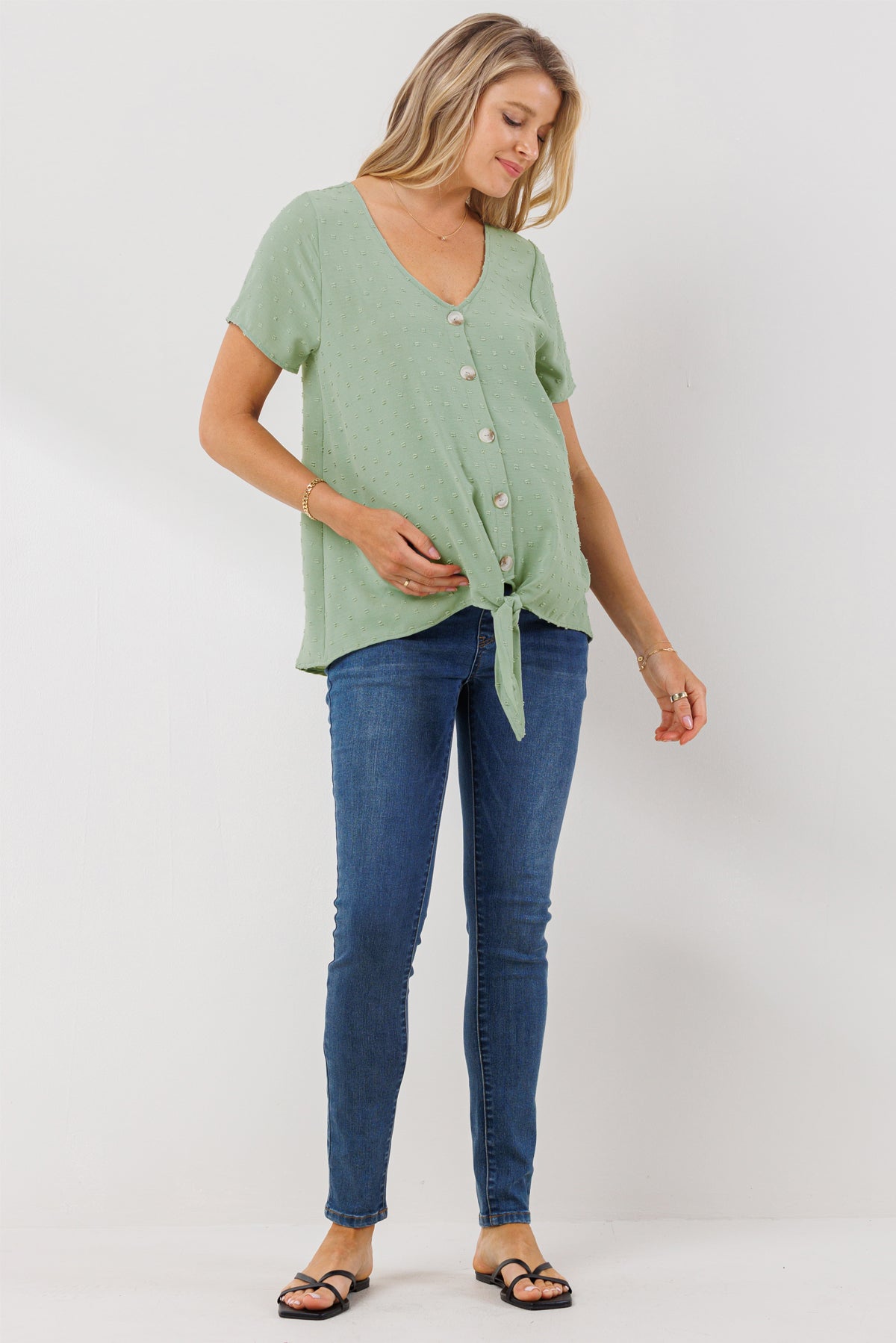 Sage Swiss Dot Button Down Maternity & Nursing Shirt