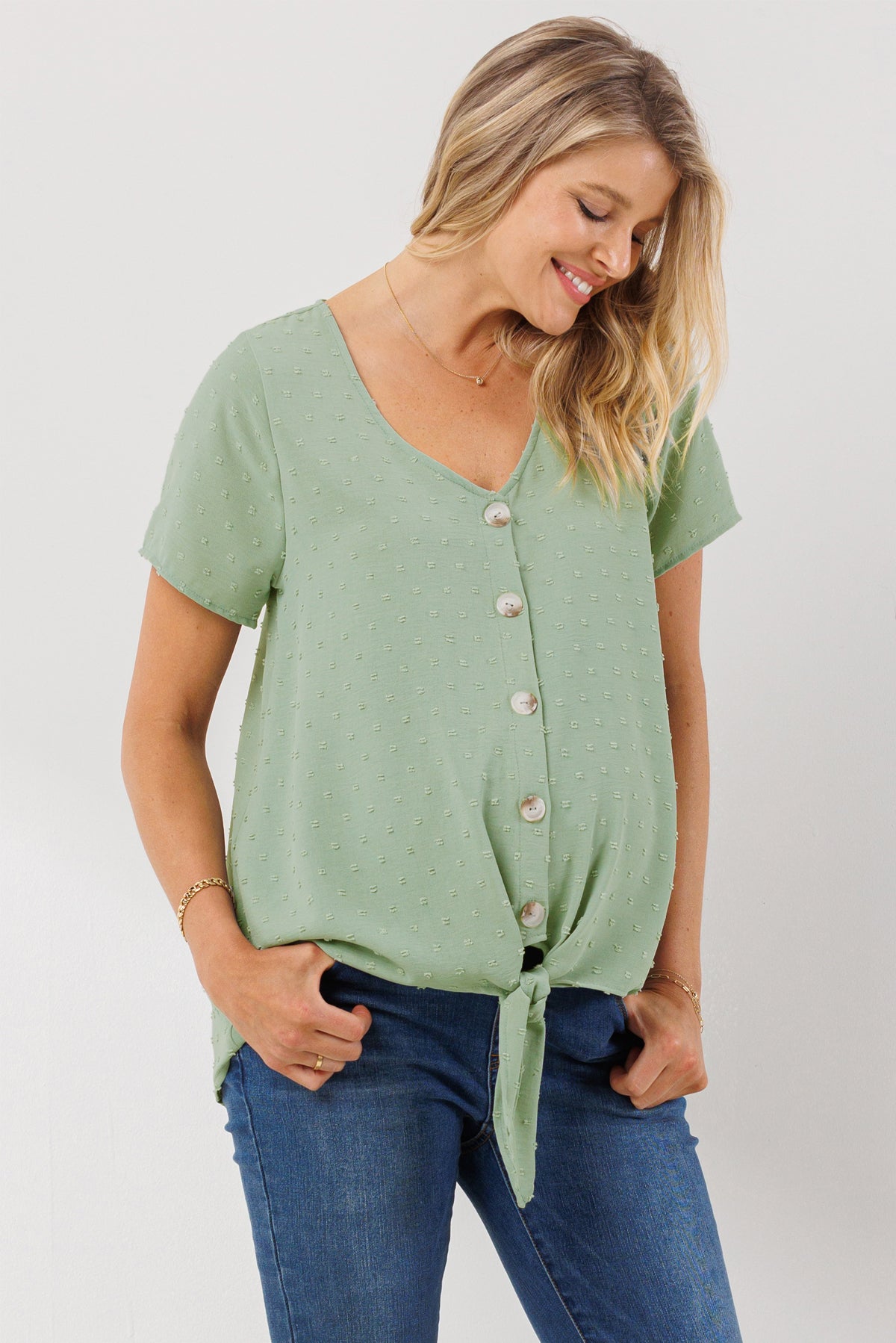Sage Swiss Dot Button Down Maternity & Nursing Shirt