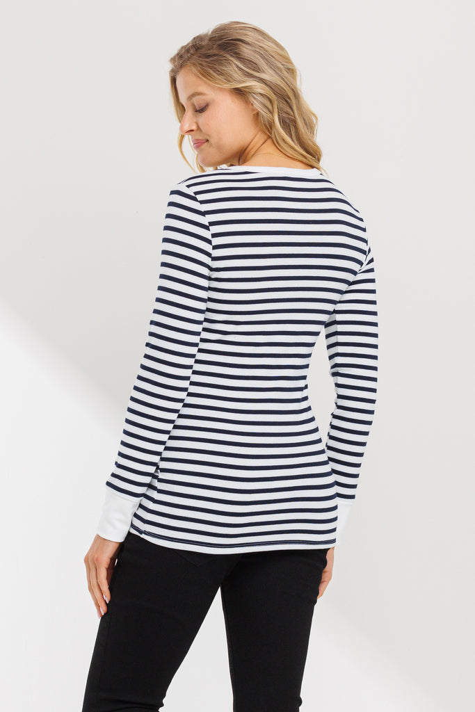 Off White/Navy Round Neck Long Sleeve Jersey Maternity Top