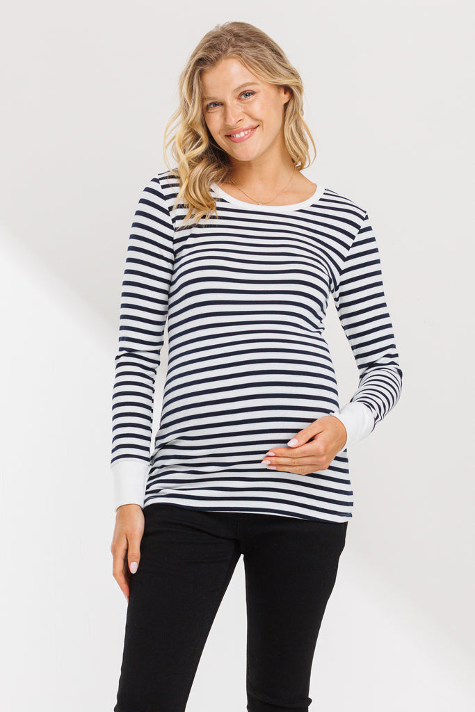 Off White/Navy Round Neck Long Sleeve Jersey Maternity Top