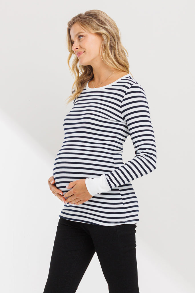 Off White/Navy Round Neck Long Sleeve Jersey Maternity Top