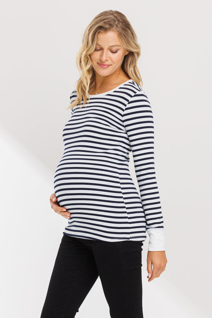 Off White/Navy Round Neck Long Sleeve Jersey Maternity Top