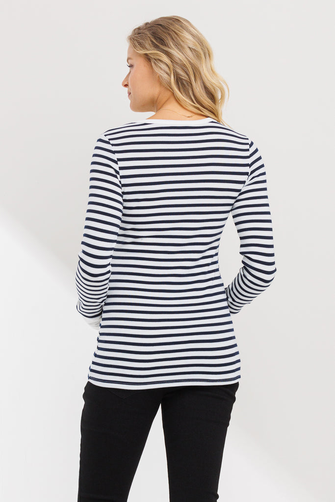 Off White/Navy Round Neck Long Sleeve Jersey Maternity Top