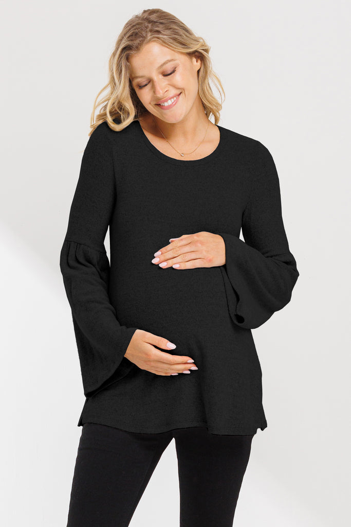 Black Round Neck Bell Sleeve Maternity Top