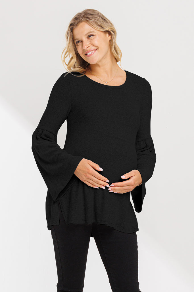 Black Round Neck Bell Sleeve Maternity Top